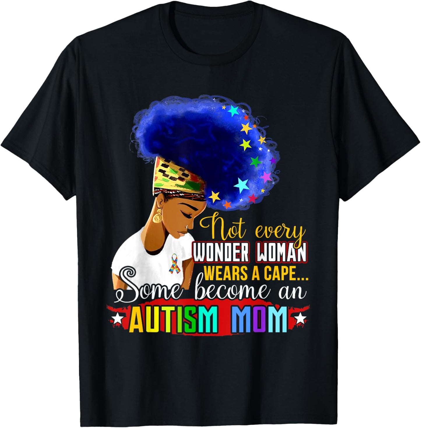 Black Afro American Autism Awareness Mom Rainbow Sparkle T-Shirt - T-Shirt | Black