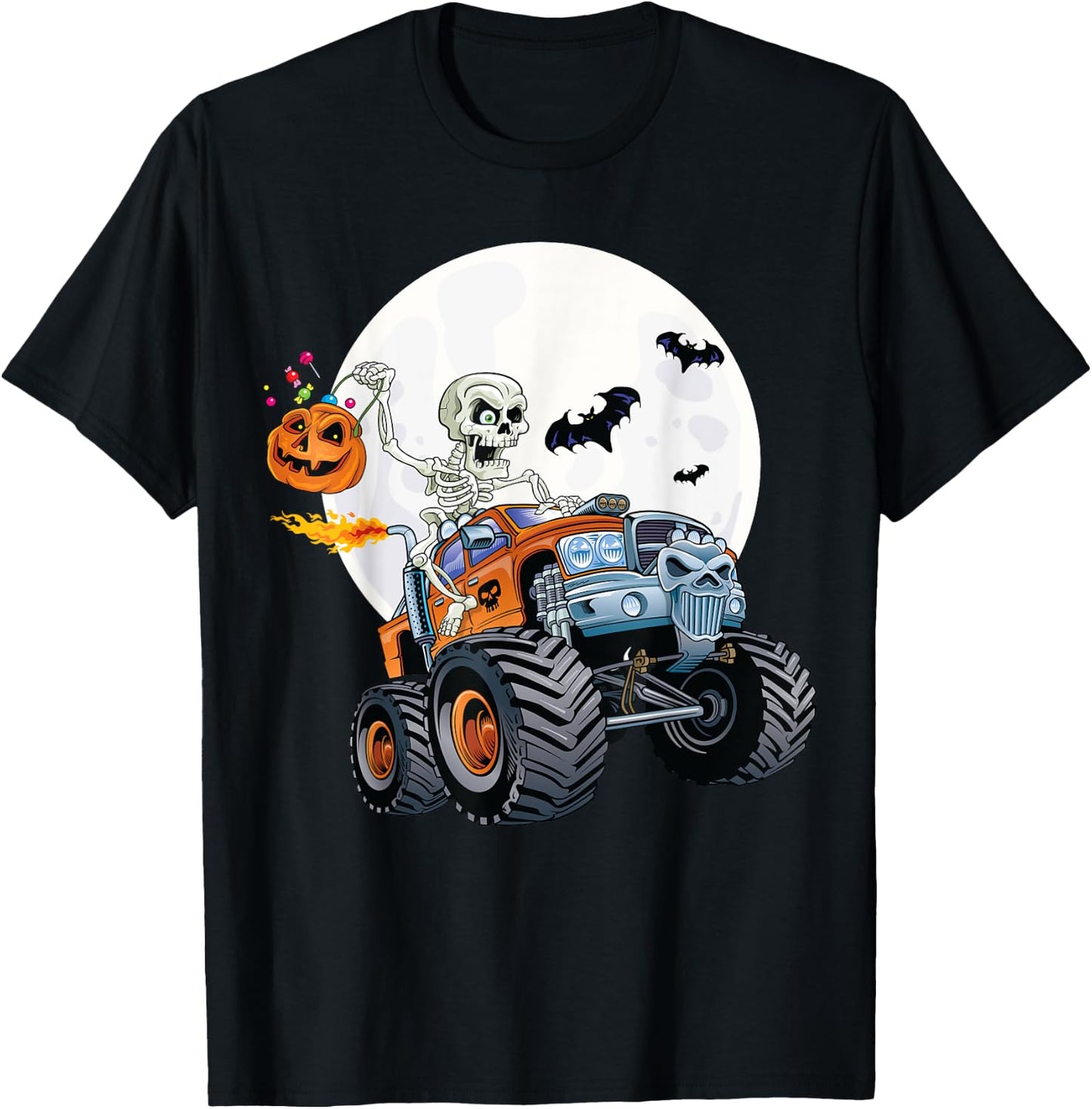 Skeleton Monster Truck Creepy Halloween Jack O Lantern Kids T-Shirt - T-Shirt | Black