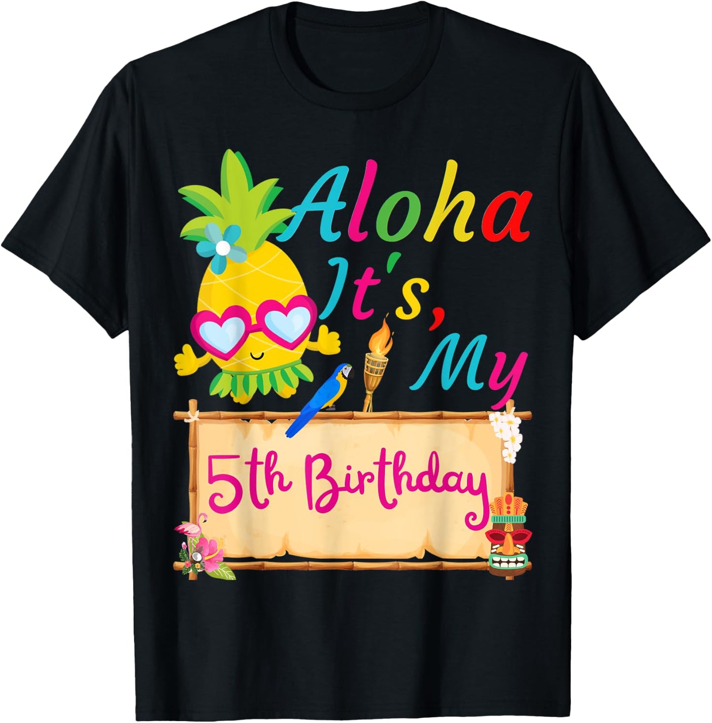 Aloha It's My 5th Birthday Hawaii 5 Years Girl Luau Candles T-Shirt - T-Shirt | Black