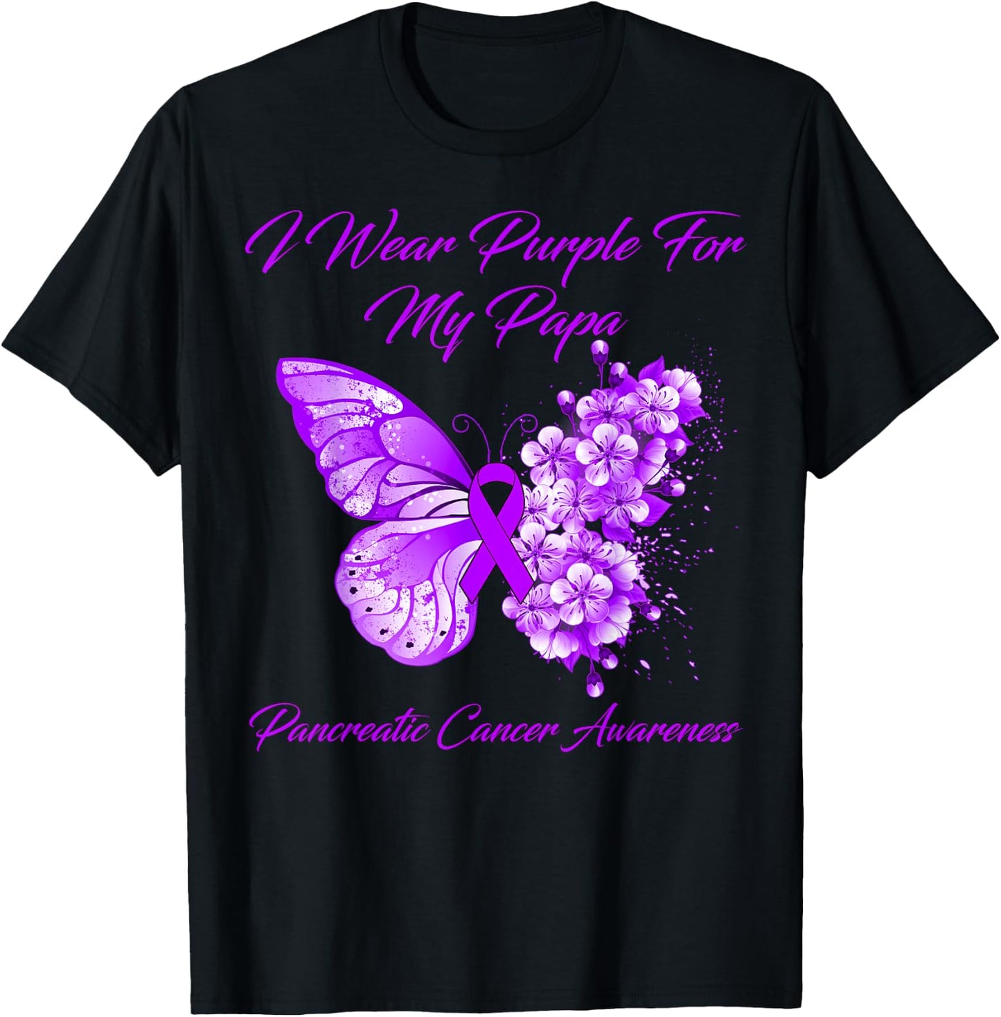 Butterfly I Wear Purple For My Papa Pancreatic Cancer T-Shirt - T-Shirt | Black