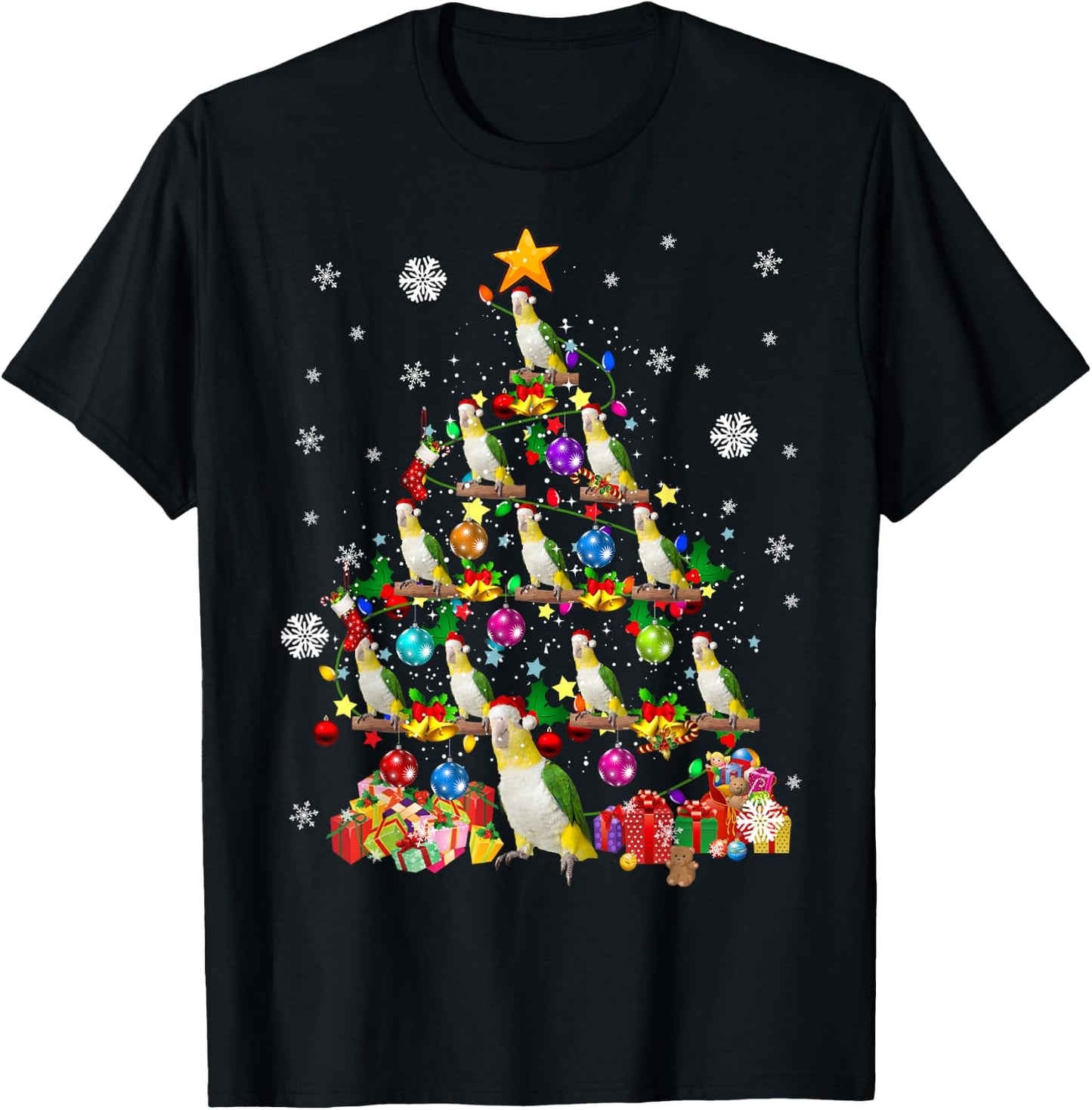 Santa Caique Birds Christmas Tree Lights Santa Parrots Birds T-Shirt - T-Shirt | Black