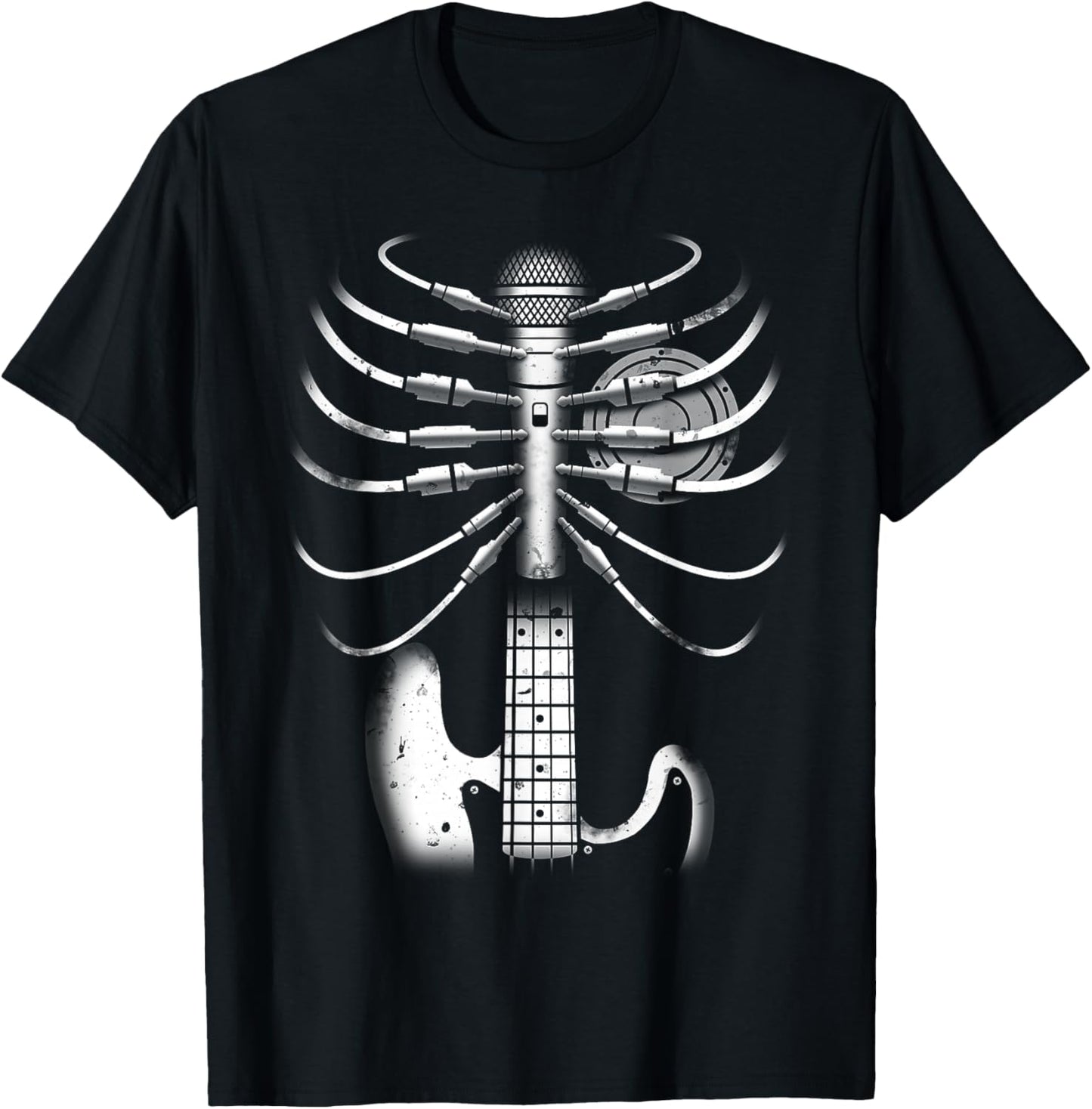 Music Skeleton Cool Guitar Microphone Speaker Heart Musician T-Shirt - T-Shirt | Black