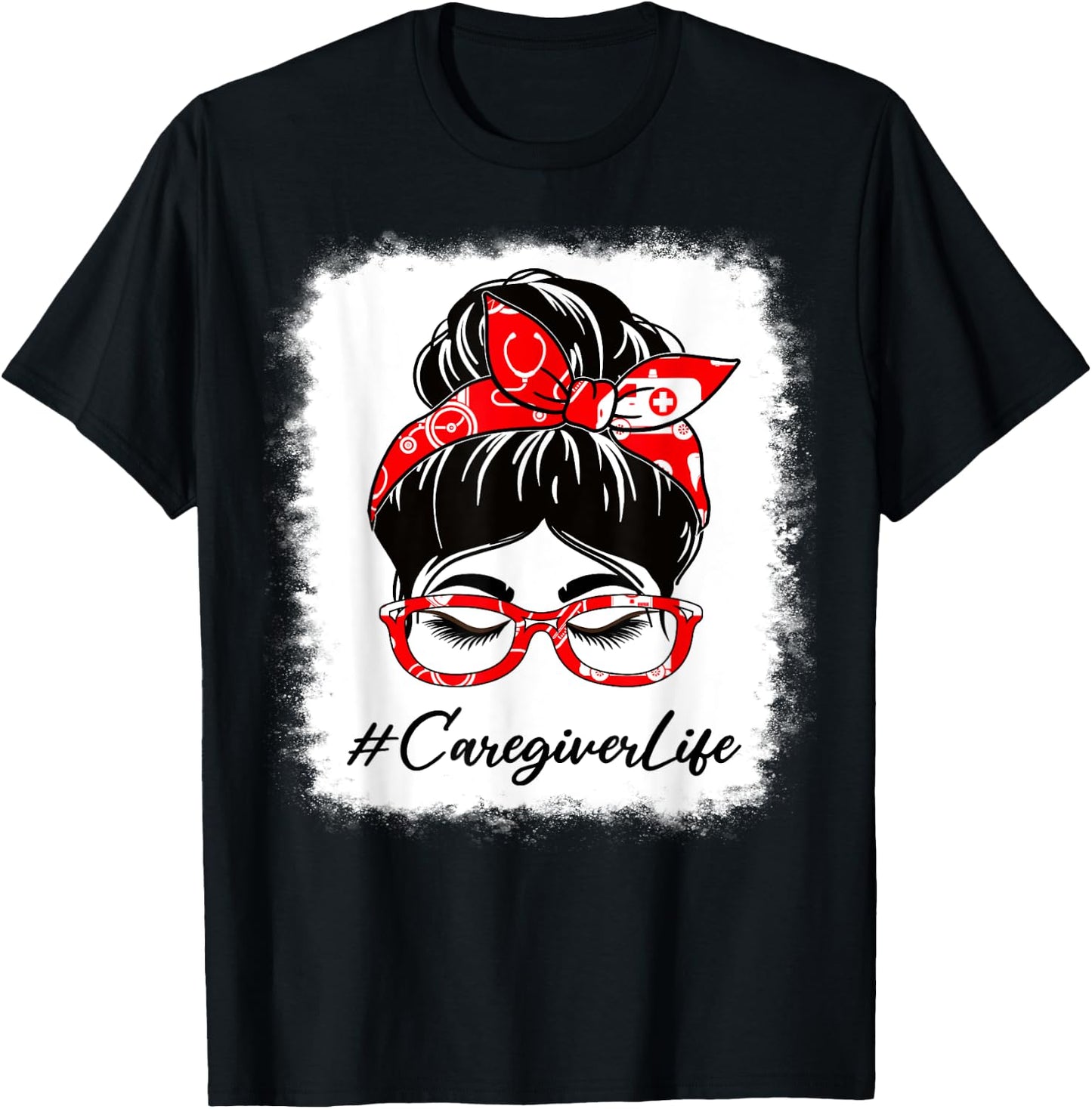 Caregiver Bleached Messy Bun Appreciation Day For Work T-Shirt - T-Shirt | Black
