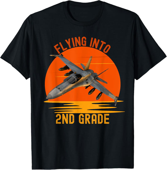 Flying Into 2nd Grade Back To School Jet Fighter Graphic T-Shirt - T-Shirt | Black