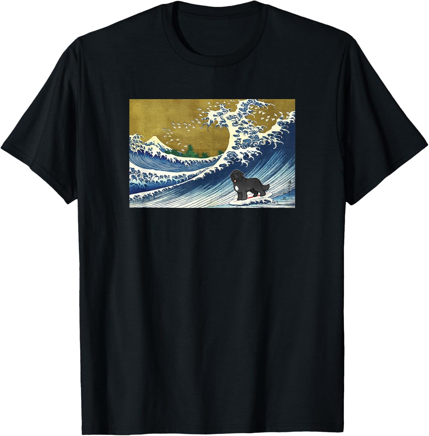 Funny Retro Vintage Surfing A Wave Newfoundland Dog Lover T-Shirt - T-Shirt | Black