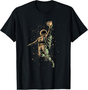 Astronaut Playing Basketball Slam Dunking Moon in Space T-Shirt - T-Shirt | Black