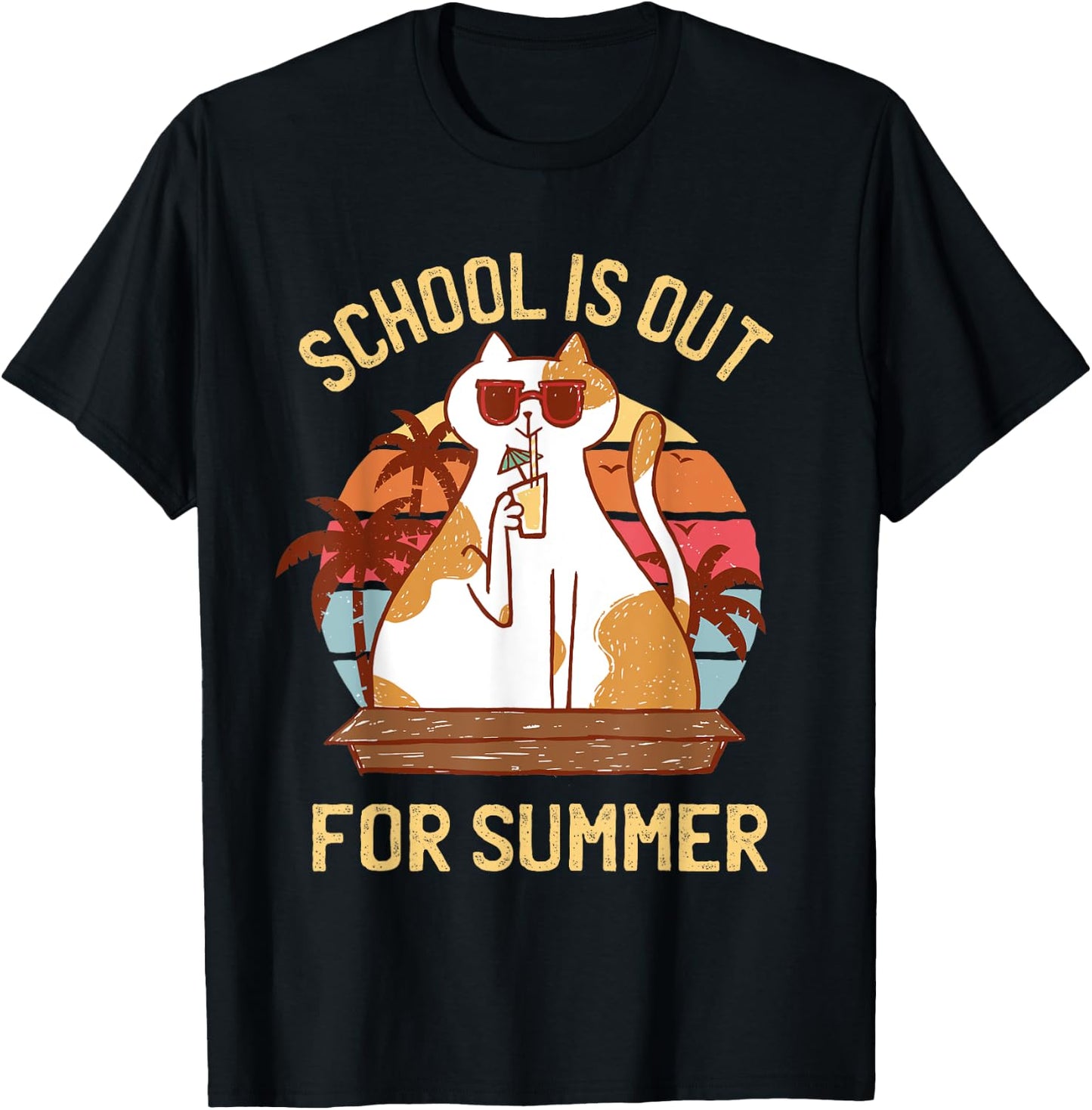 Last Day of School Shirt for Teachers - Retro Summer Cat T-Shirt - T-Shirt | Black