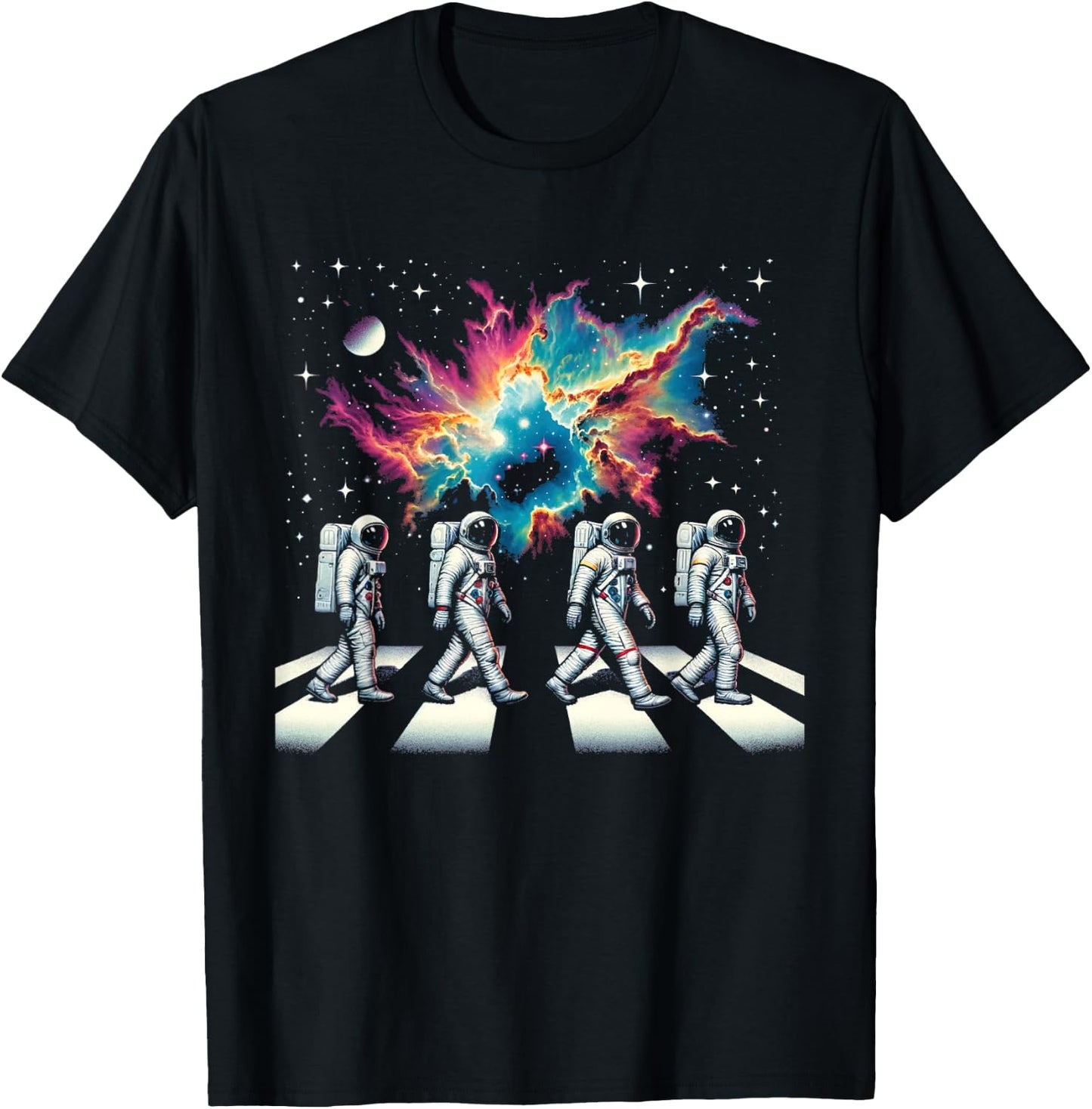 Walking Astronauts In Space Funny Galaxy Crosswalk Colorful T-Shirt - T-Shirt | Black