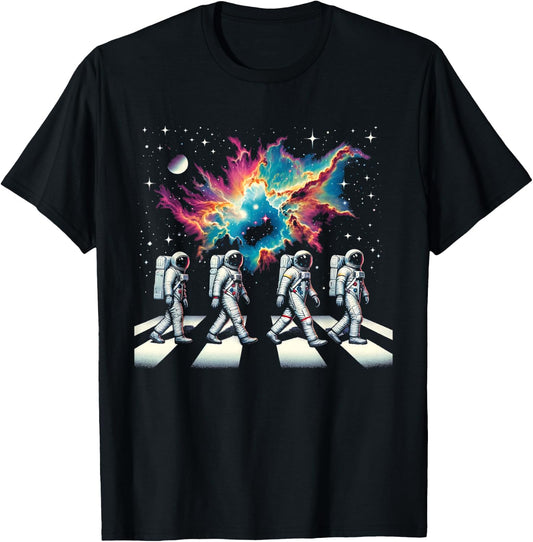 Walking Astronauts In Space Funny Galaxy Crosswalk Colorful T-Shirt - T-Shirt | Black