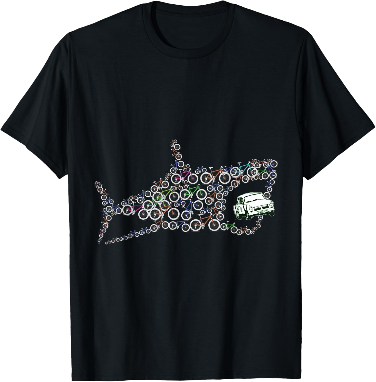Retro Fish Bicycle Shark Eats Car Art Bicycle Lover Cyclists T-Shirt - T-Shirt | Black