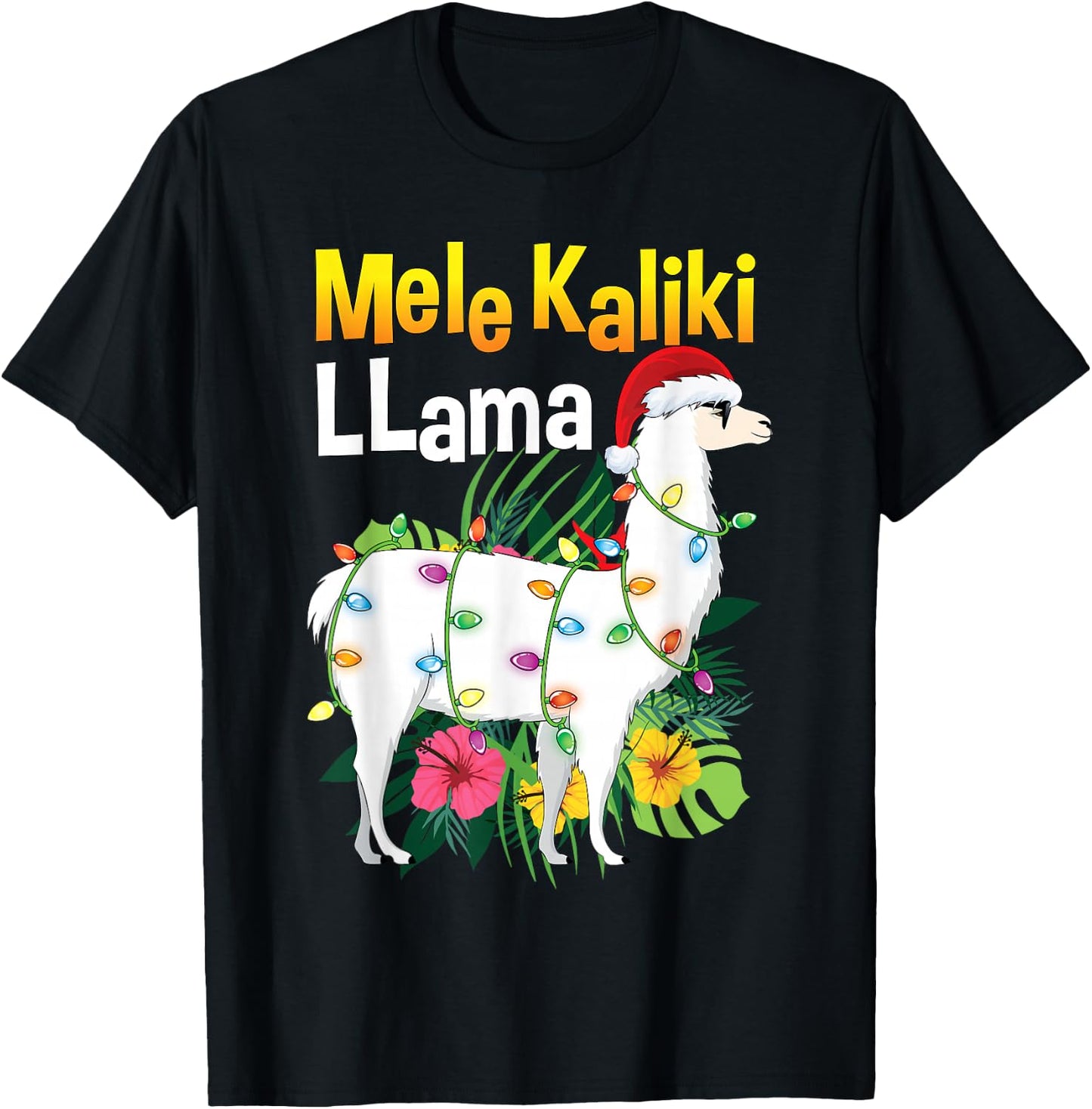 Mele Kalikimaka Christmas Shirt Hawaiian Llama X-Mas Lights T-Shirt - T-Shirt | Black