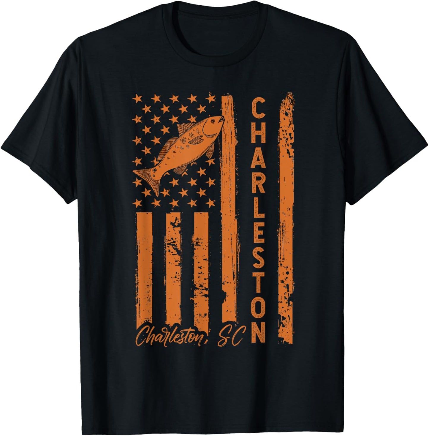 Charleston SC for Redfish Fishing Fishermen USA Flag T-Shirt - T-Shirt | Black