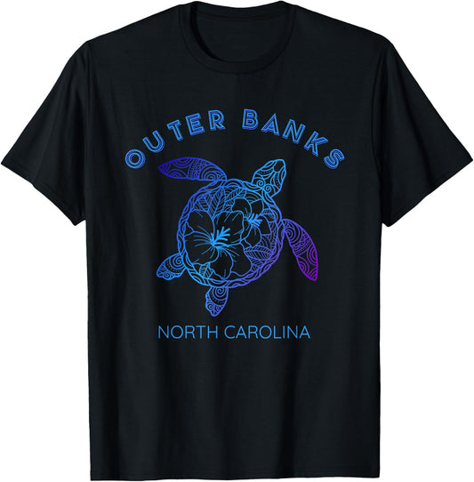 Floral Beach Sea Turtle Art North Carolina OBX Outer Banks T-Shirt - T-Shirt | Black