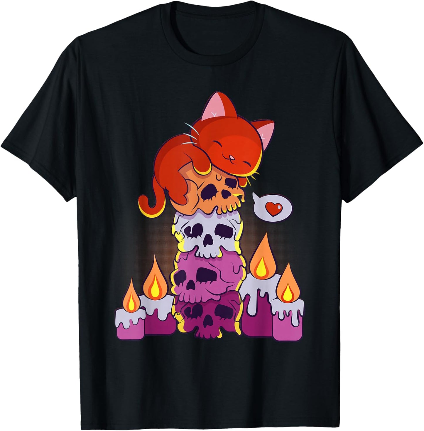 Subtle Lesbian Pride Aesthetic Kawaii Cat on Skulls Anime T-Shirt - T-Shirt | Black