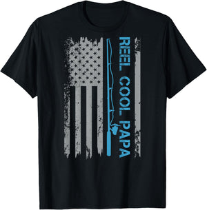 Reel Cool Papa Fishing US Flag Patriotic 4th Of July On Back T-Shirt - T-Shirt | Black