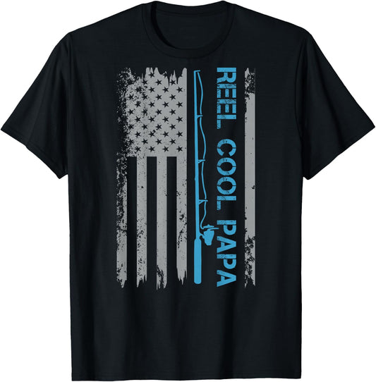 Reel Cool Papa Fishing US Flag Patriotic 4th Of July On Back T-Shirt - T-Shirt | Black
