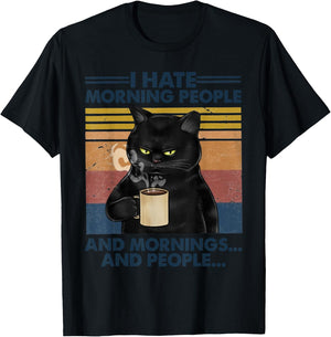 Grumpy Black Cat Drinking Coffee I Hate Morning People Women T-Shirt - T-Shirt | Black