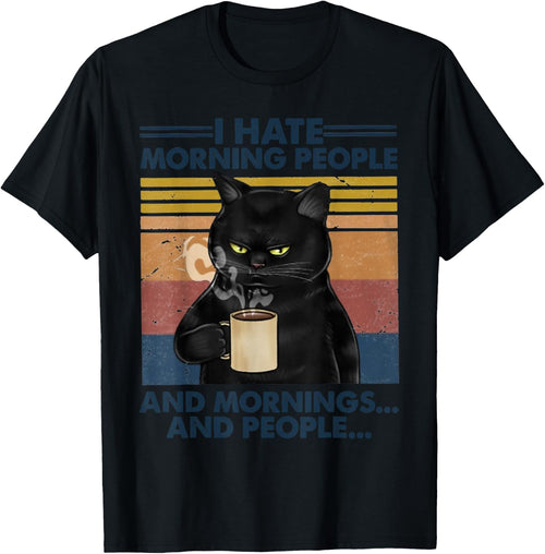 Grumpy Black Cat Drinking Coffee I Hate Morning People Women