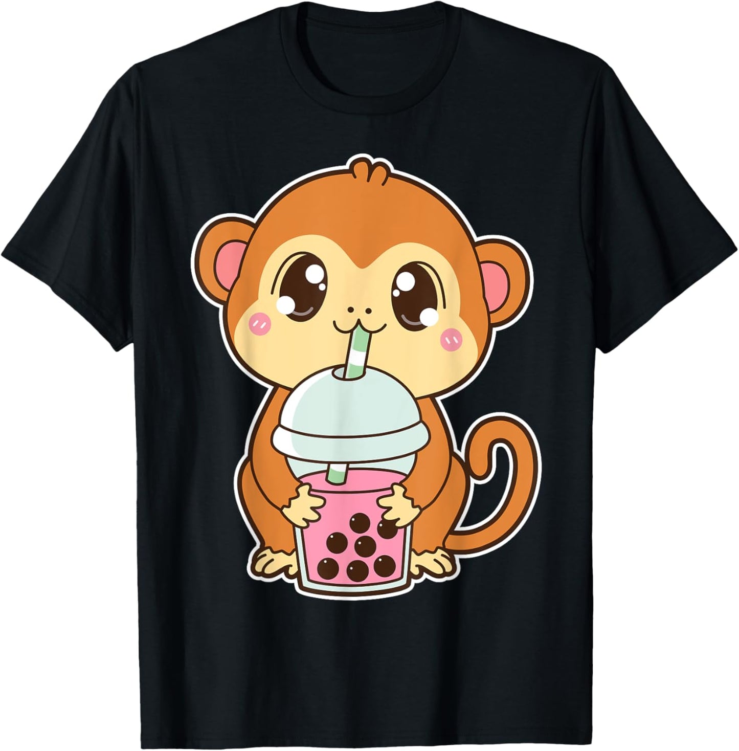 Kawaii Cute Zodiac Boba Monkey Strawberry Bubble Milk Tea T-Shirt - T-Shirt | Black