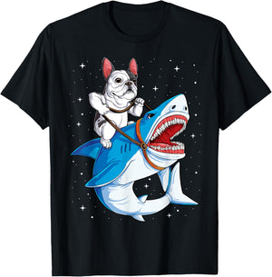 French Bulldog Riding Shark Jawsome Dog Lover Gifts Galaxy Men Women T-Shirt - T-Shirt | Black