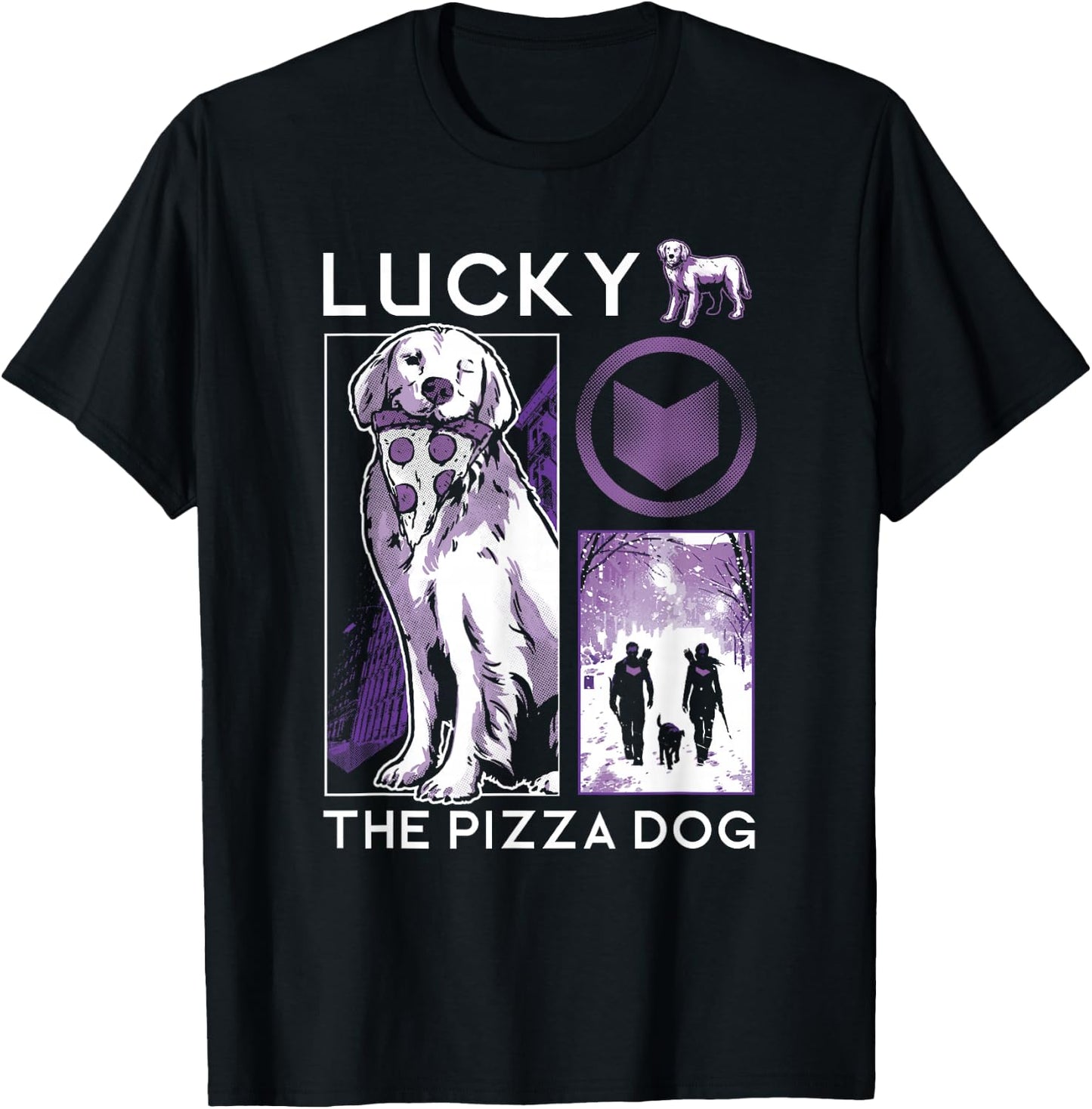 Marvel Hawkeye Lucky The Pizza Dog Purple Collage T-Shirt - T-Shirt | Black