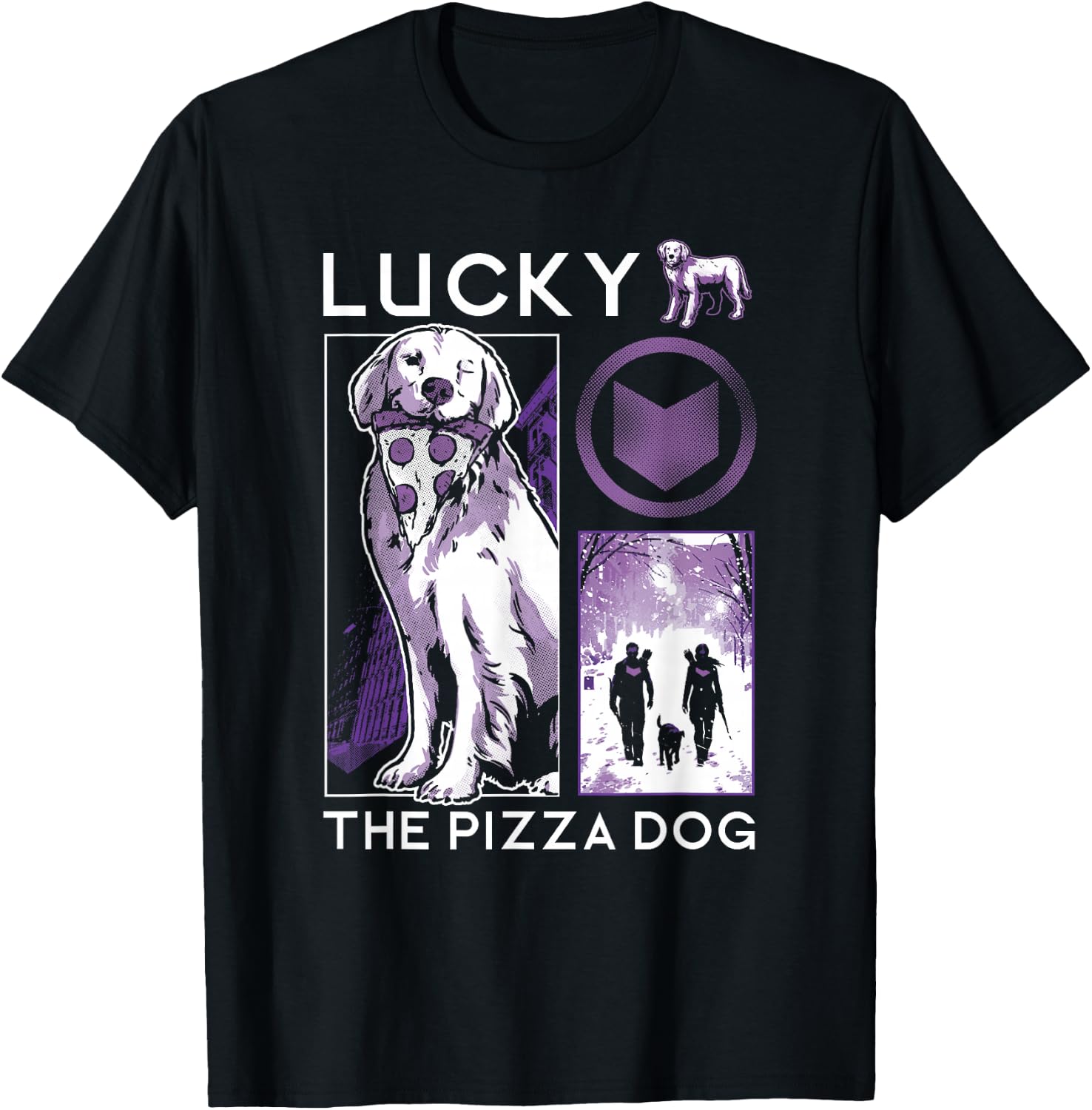 Marvel Hawkeye Lucky The Pizza Dog Purple Collage T-Shirt - T-Shirt | Black