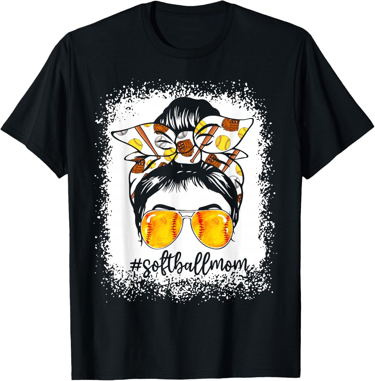Women Bleached Softball Mom Messy Bun Softball Lover T-Shirt - T-Shirt | Black