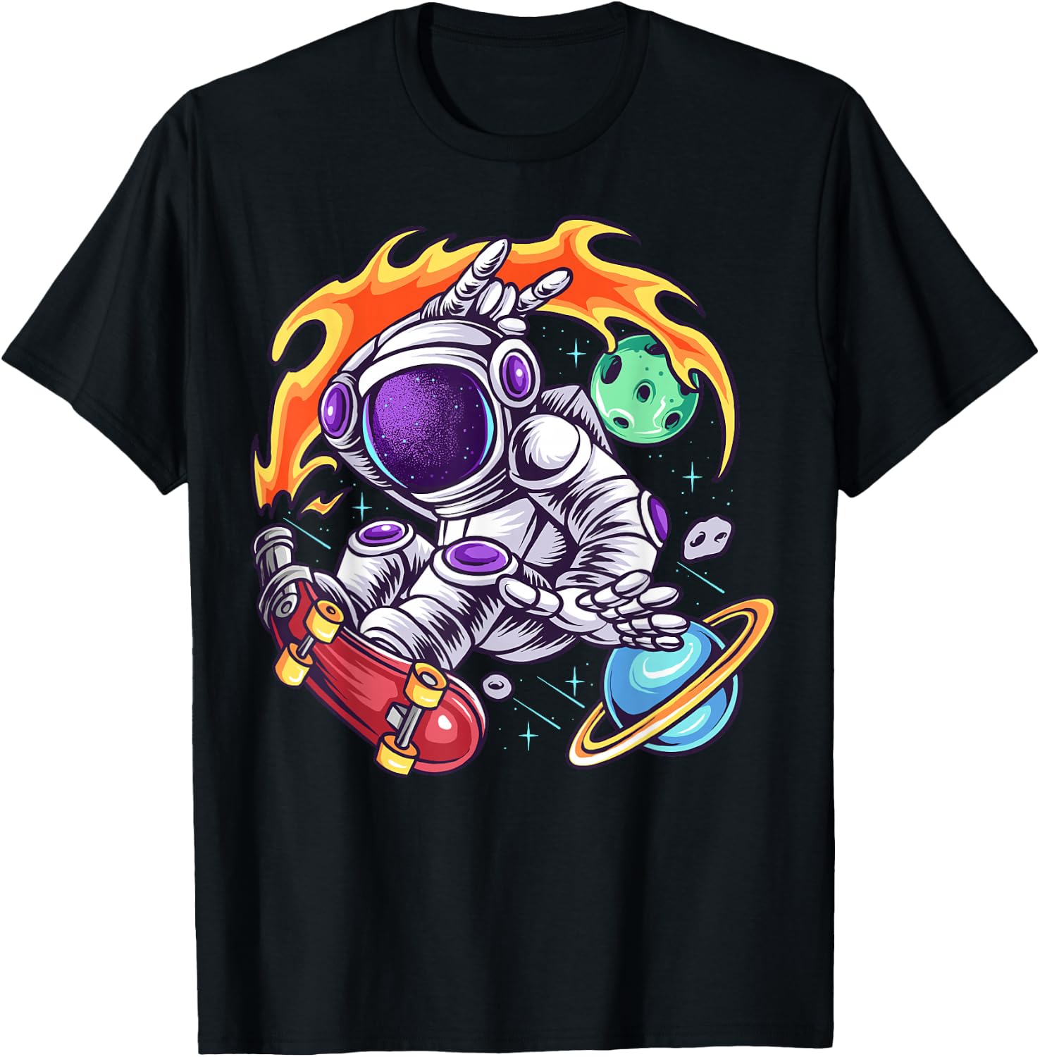 Astronaut Rides Skateboard In Space T-Shirt - T-Shirt | Black
