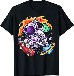 Astronaut Rides Skateboard In Space T-Shirt - T-Shirt | Black