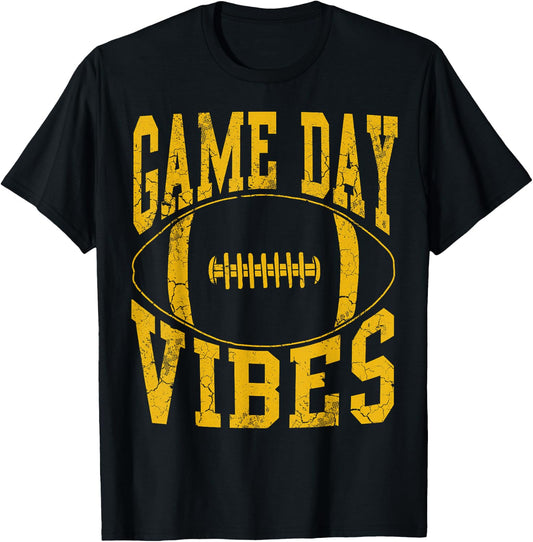 Game Day Vibes Yellow Football Vintage Distressed Graphic T-Shirt - T-Shirt | Black