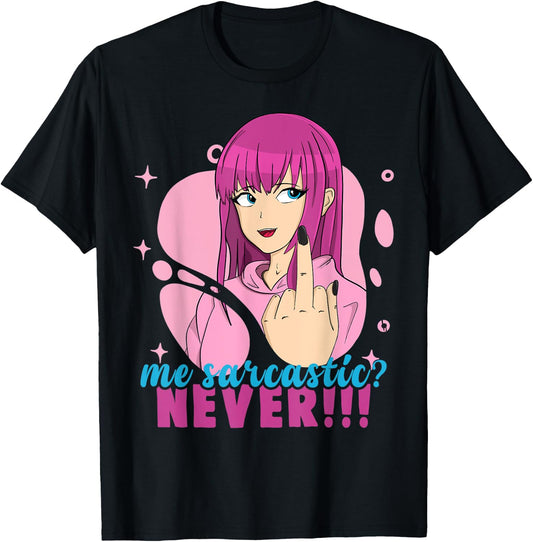 Me Sarcastic? Never! Pastel Goth Anime Girl Flipping Off T-Shirt - T-Shirt | Black