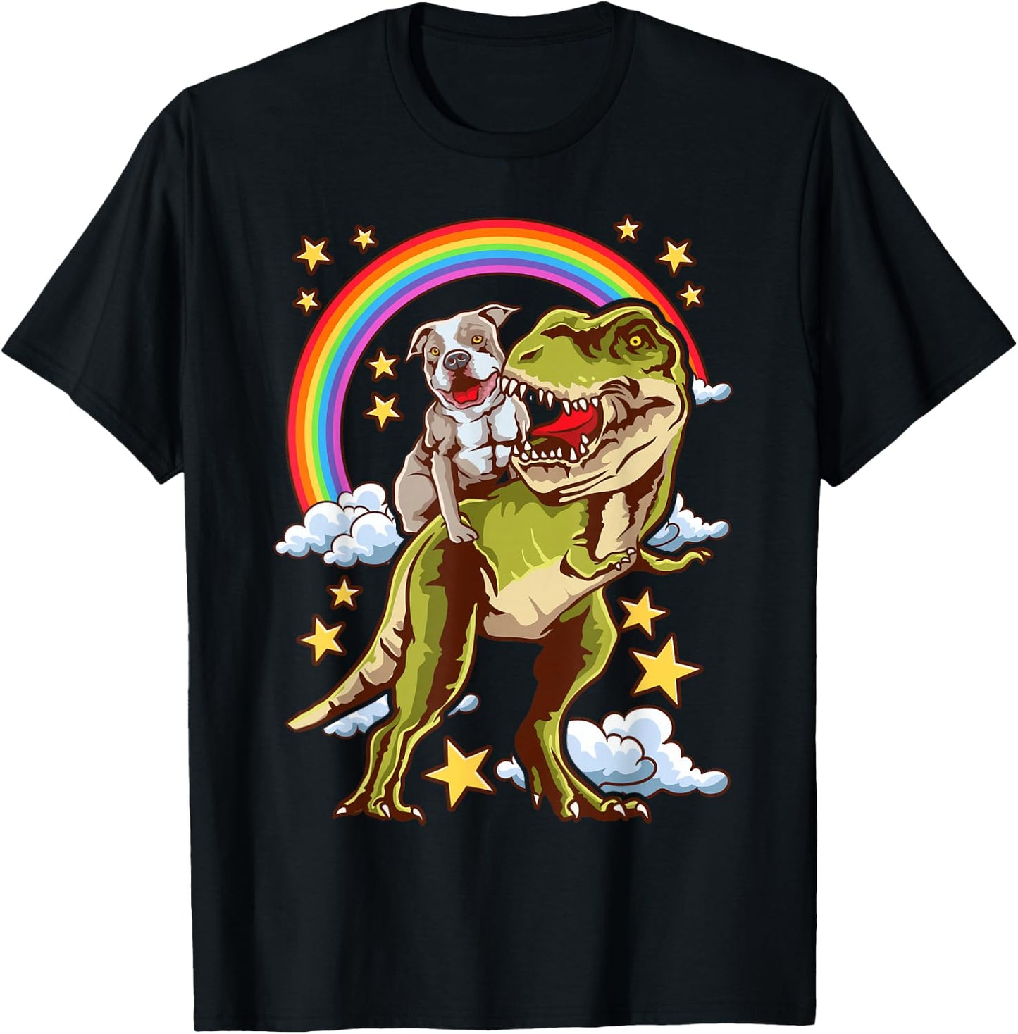 Funny Pitbull Riding A Dinosaur Rainbow Illustration Fun T-Shirt - T-Shirt | Black