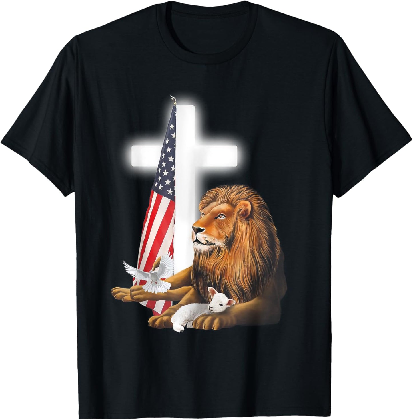 Lion And Lamb Cross Sheep Dove America Flag T-Shirt - T-Shirt | Black