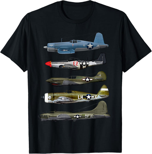 WW2 Warplane B-17 P51 Mustang F4U Corsair P40 Warhawk Gift T-Shirt - T-Shirt | Black