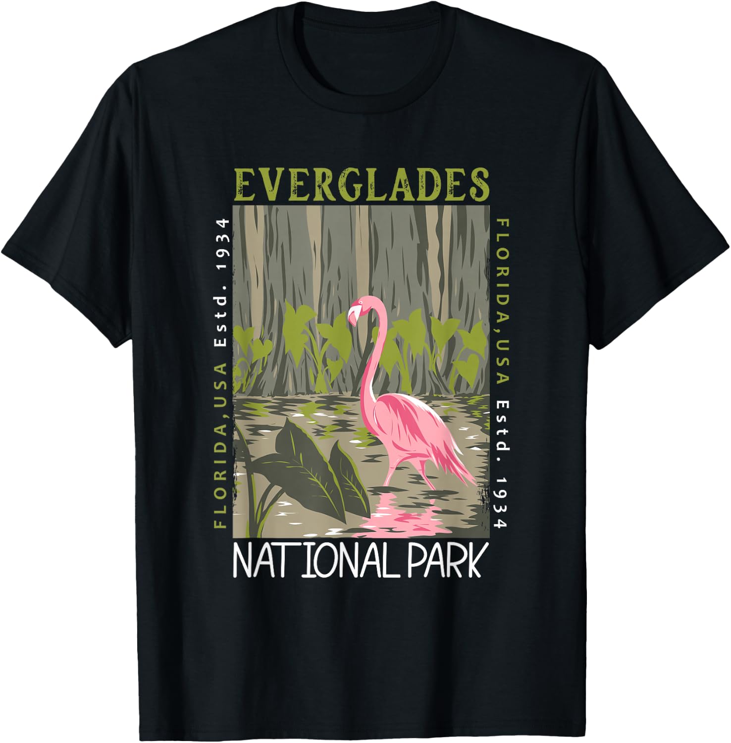 Everglades National Park Florida Flamingo Distressed Vintage T-Shirt - T-Shirt | Black