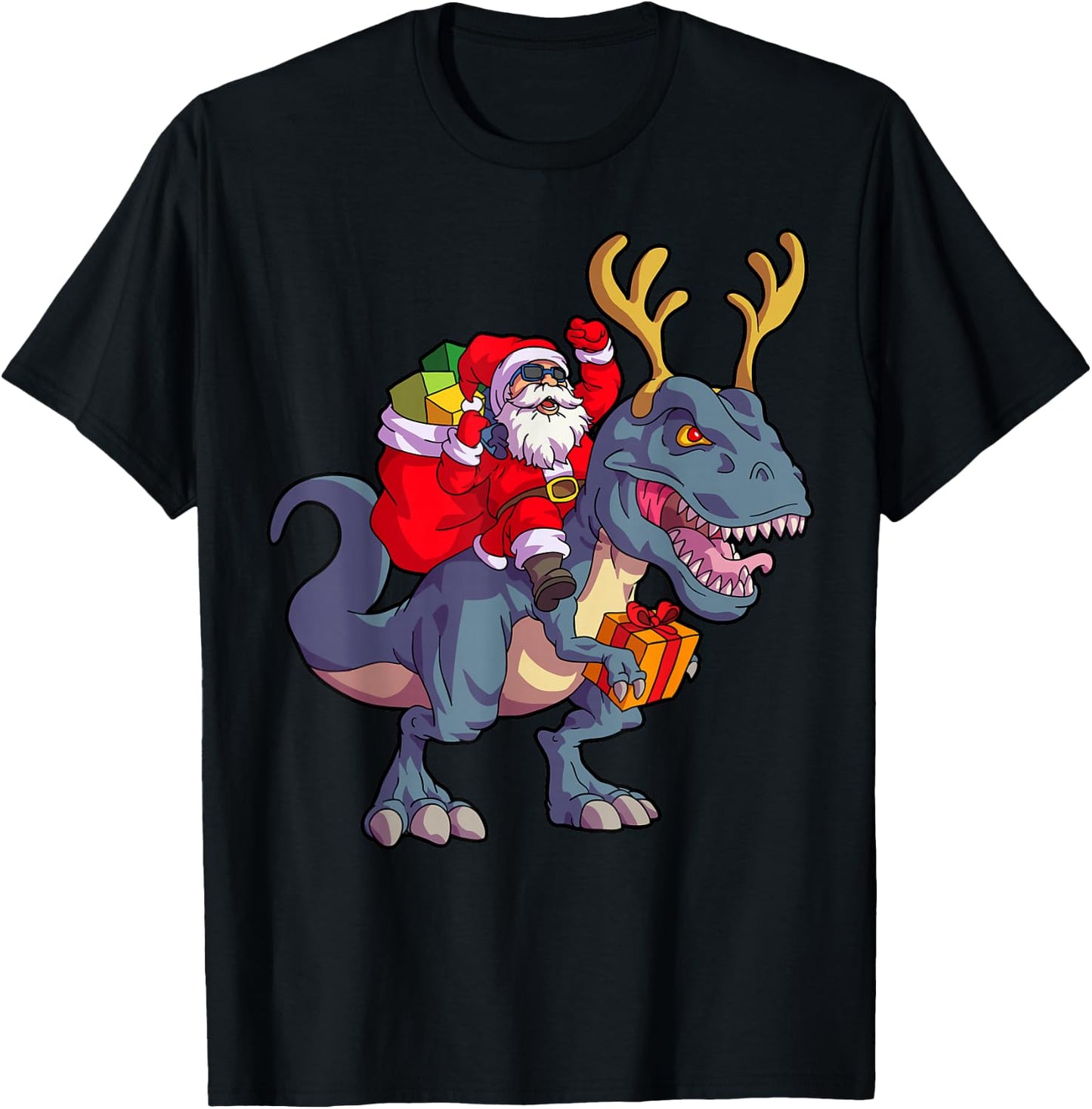 Christmas Santa Riding Dinosaur Deer Xmas Kids Boys Men Short Sleeve T-Shirt - T-Shirt | Black