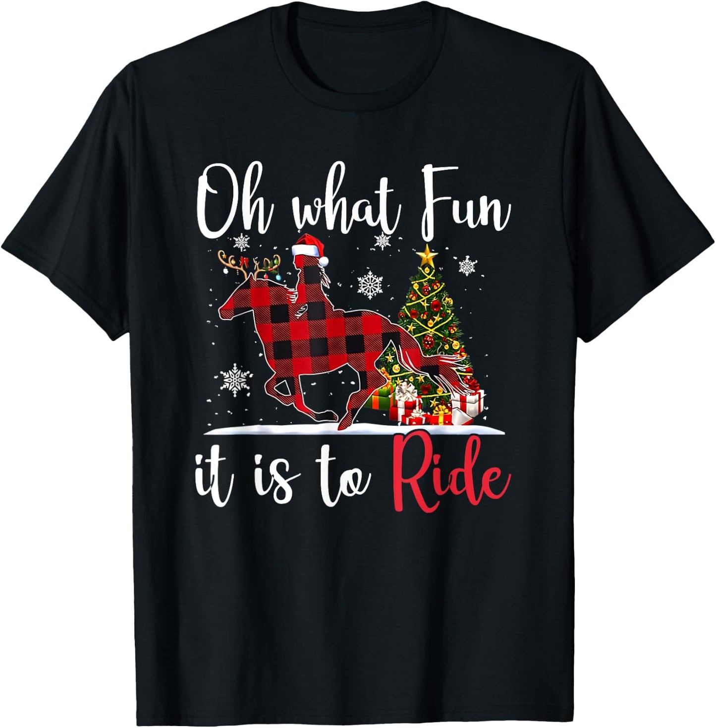 Oh What Fun It Is To Ride - Cowgirl With Horses Christmas T-Shirt - T-Shirt | Black