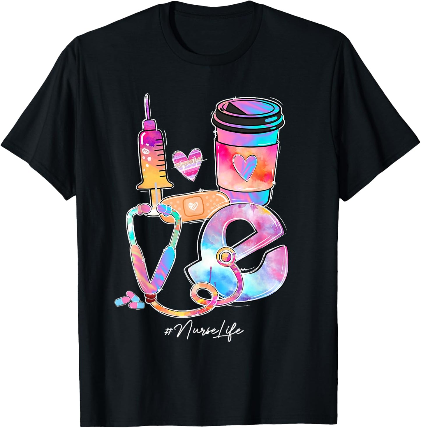 Tie Dye Love Nurse Life Stethoscope Nursing Nurses Day T-Shirt - T-Shirt | Black