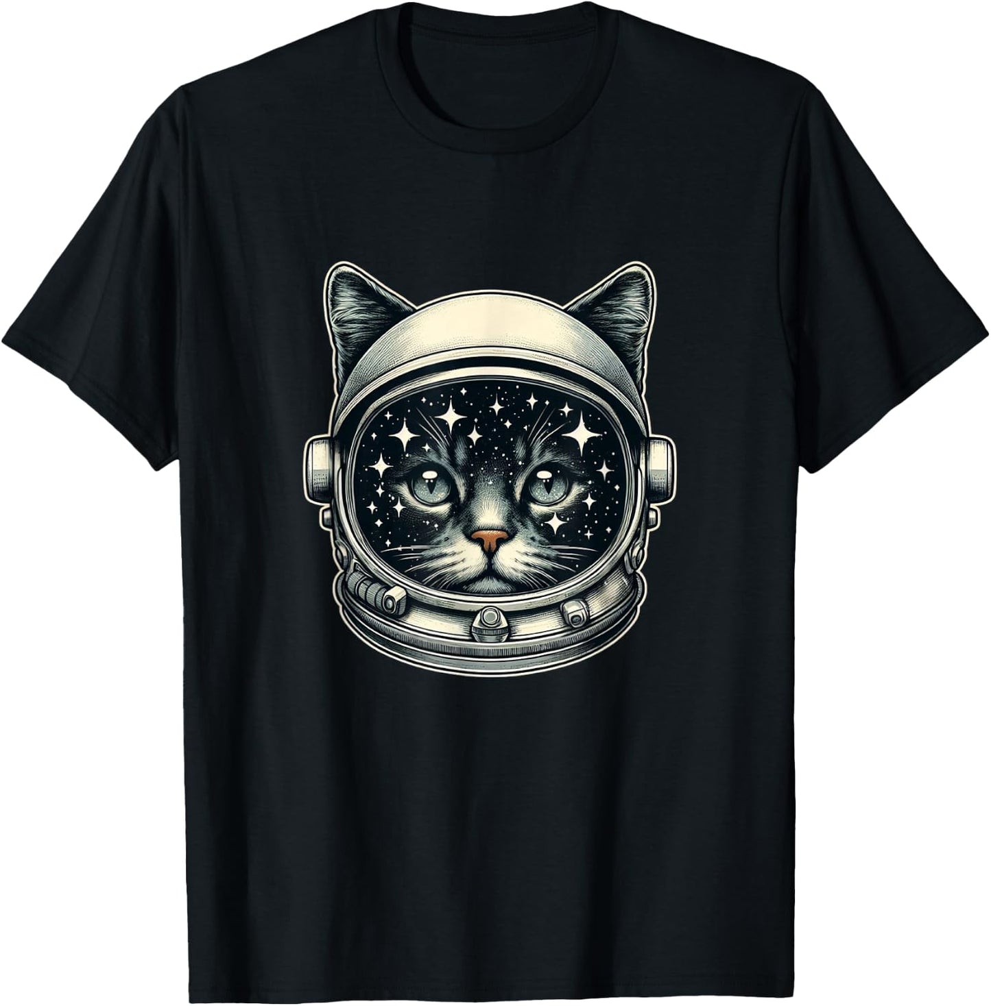 Space Cat Funny Cosmic Astronaut Cat Cute Retro Galaxy Cat T-Shirt - T-Shirt | Black