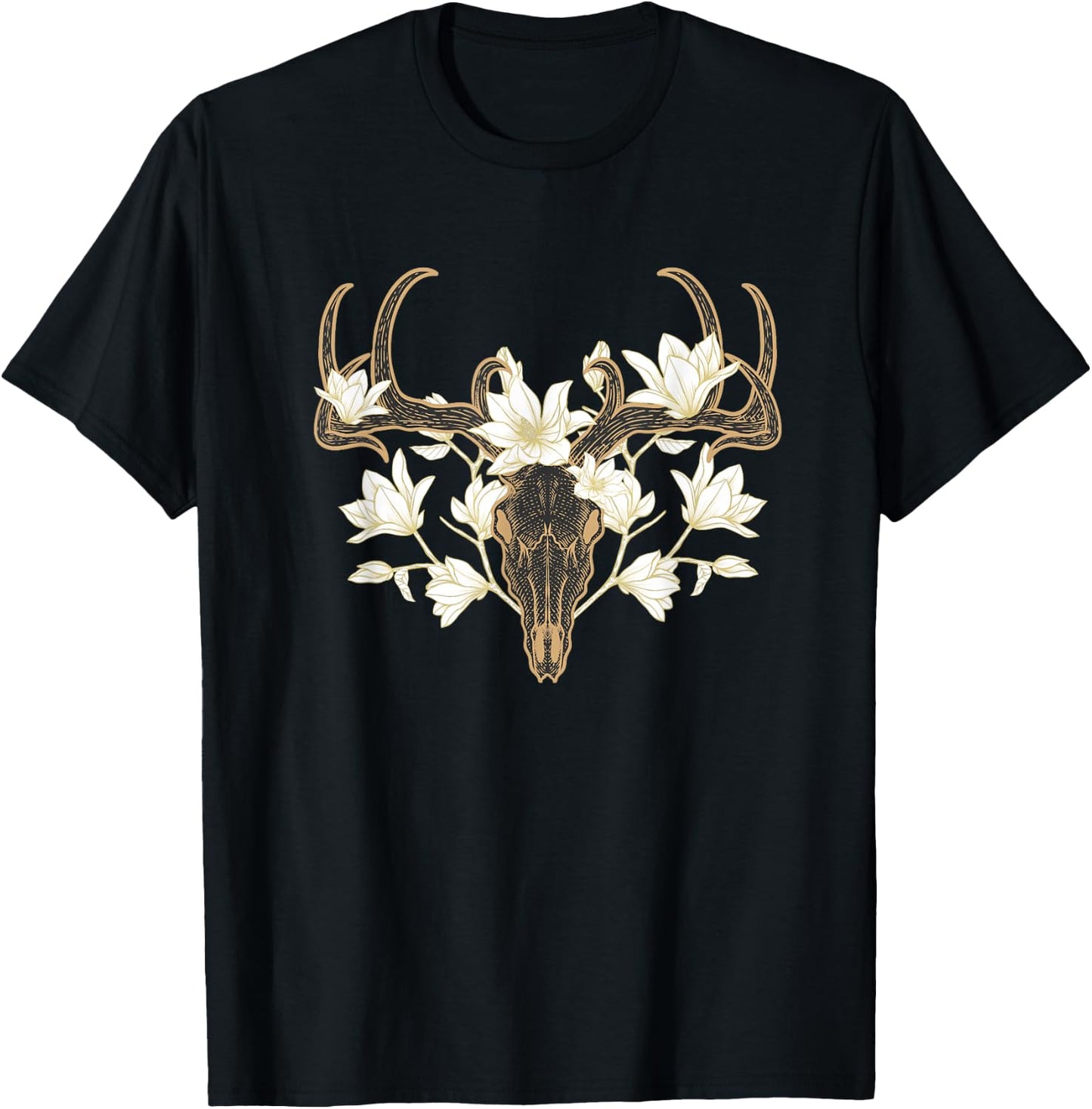 Flowered Deer Skull Howard Marsh T-Shirt - T-Shirt | Black