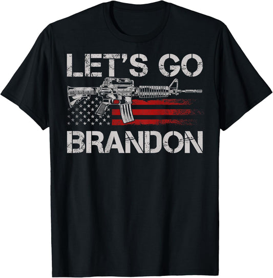 Gun American Flag Patriots Let's Go Brandon (on back) Women Men T-Shirt - T-Shirt | Black
