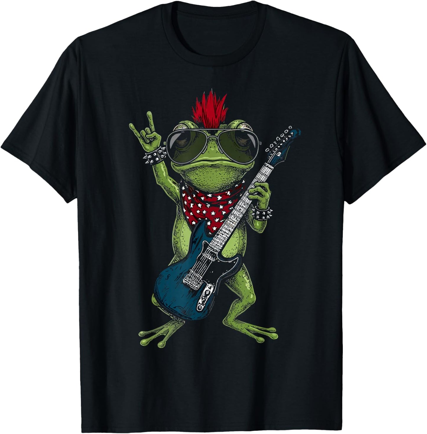 Funny Frog Playing Guitar USA Patriotic Mohawk Rock T-Shirt - T-Shirt | Black