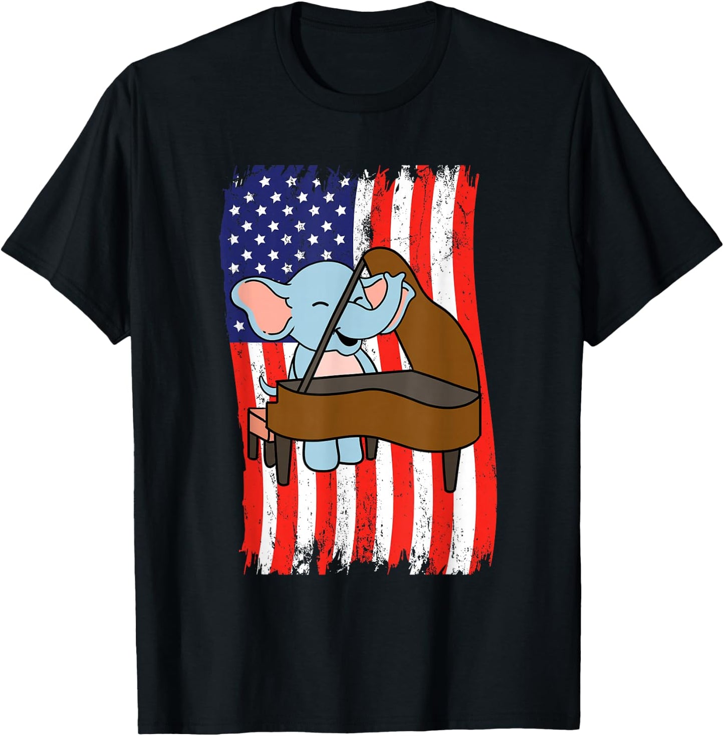 American Flag Elephant Playing Piano T-Shirt - T-Shirt | Black