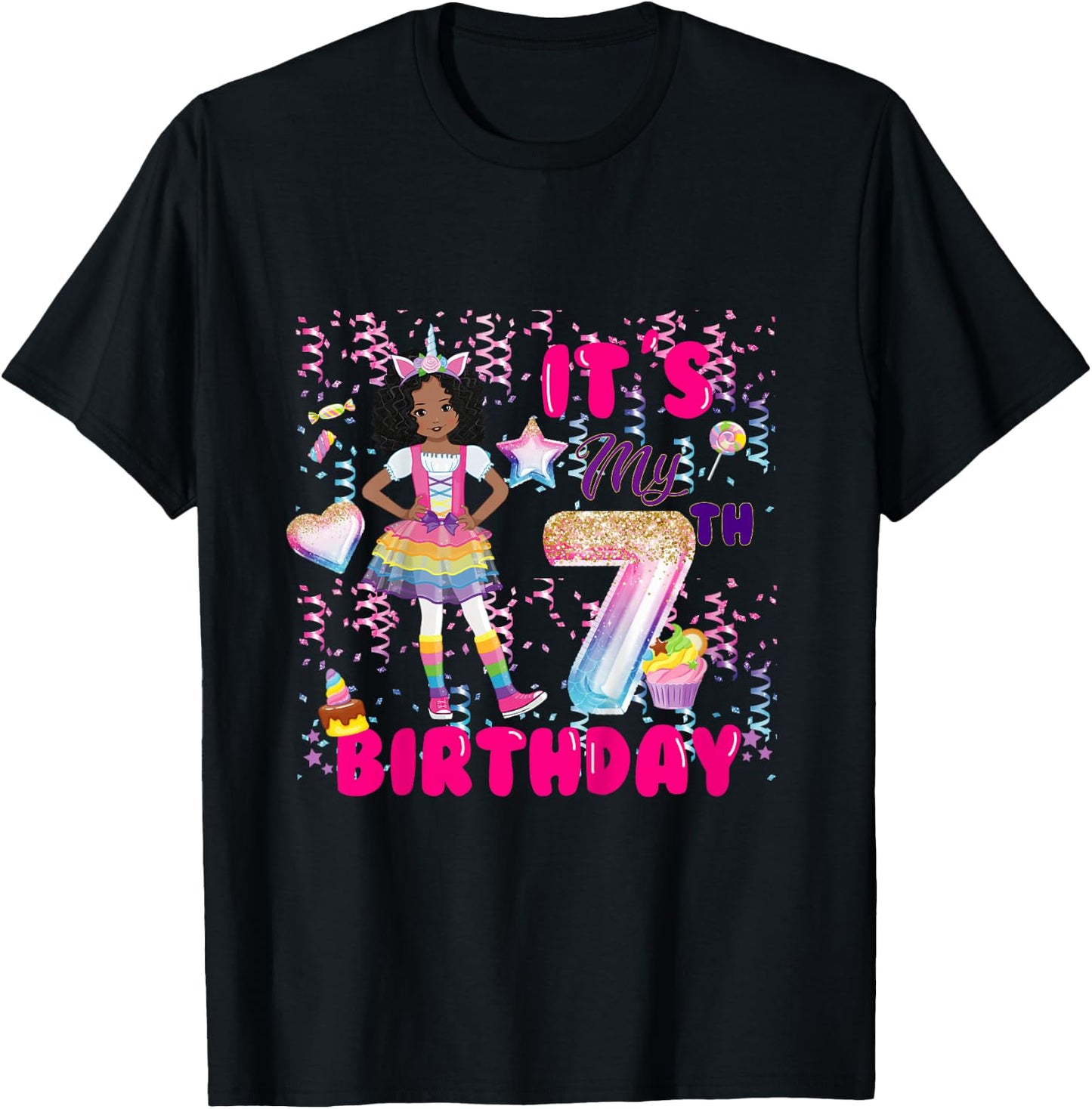 7th Birthday shirt Girls 7 yr African American 7th B-day T-Shirt - T-Shirt | Black
