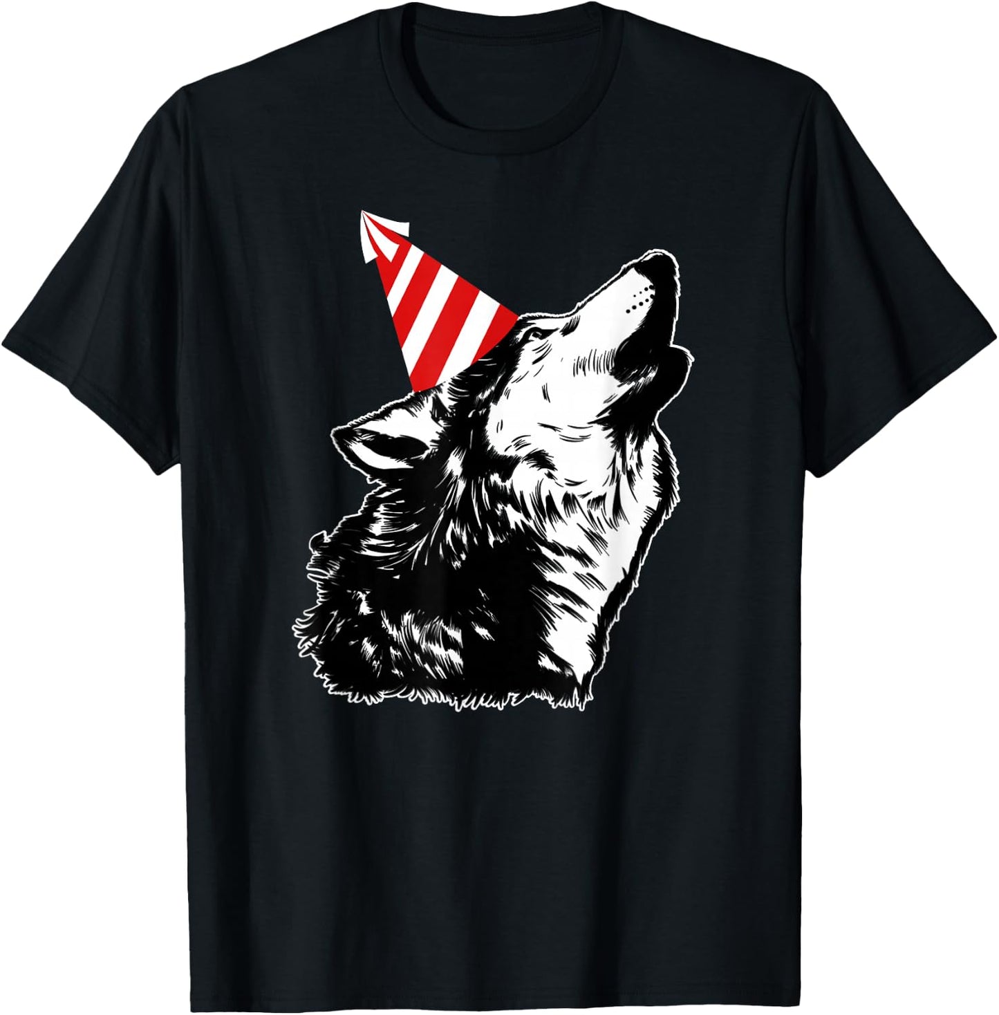 Wolf At A Party | Cute Wolf with a Birthday Hat T-Shirt - T-Shirt | Black