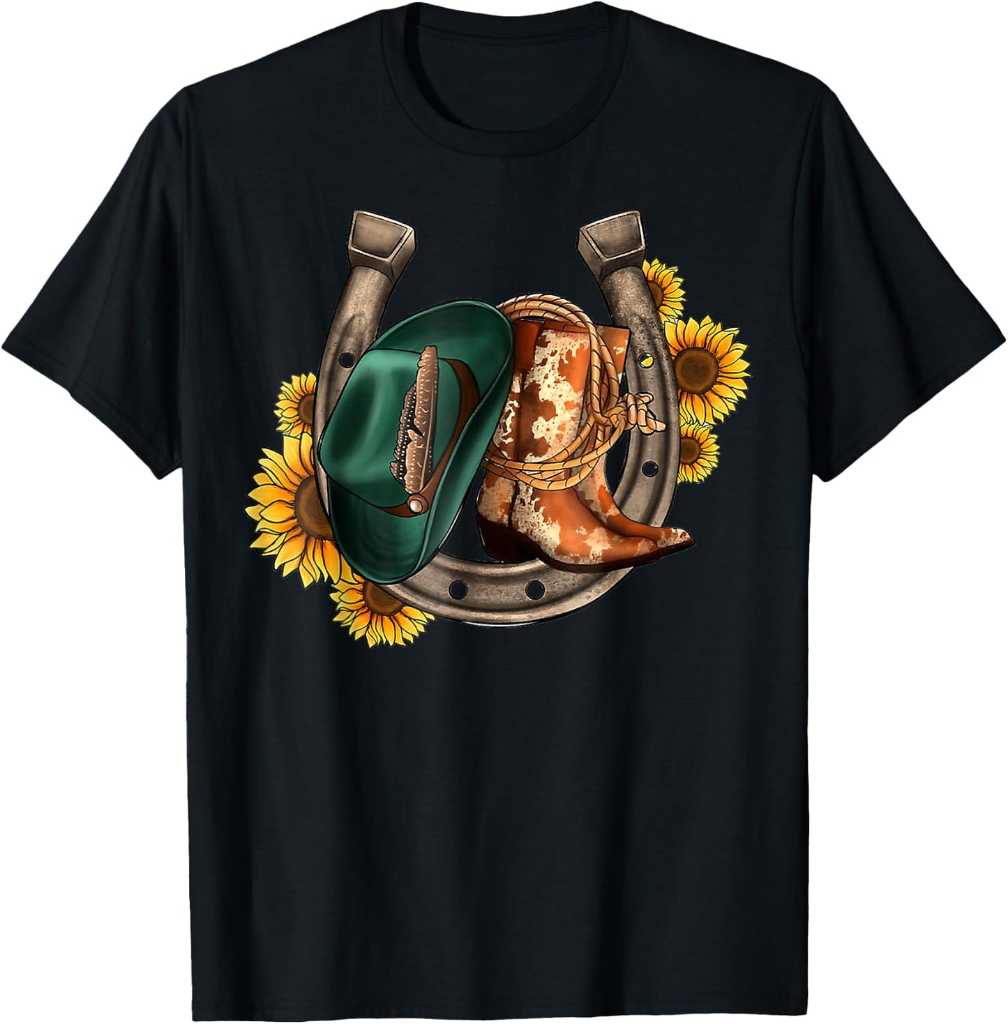 Cowboy Boots Cowboy Hat Horseshoes Sunflower Western Cowhide T-Shirt - T-Shirt | Black