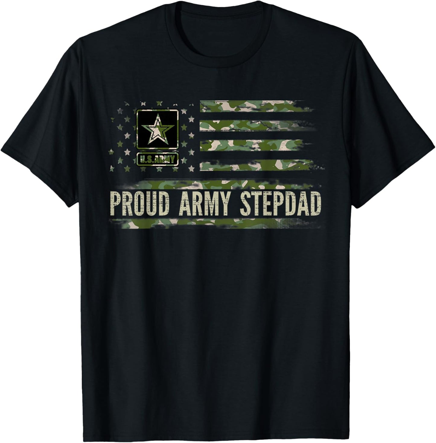 Vintage Proud Army Stepdad Camo American Flag Veteran Gift T-Shirt - T-Shirt | Black