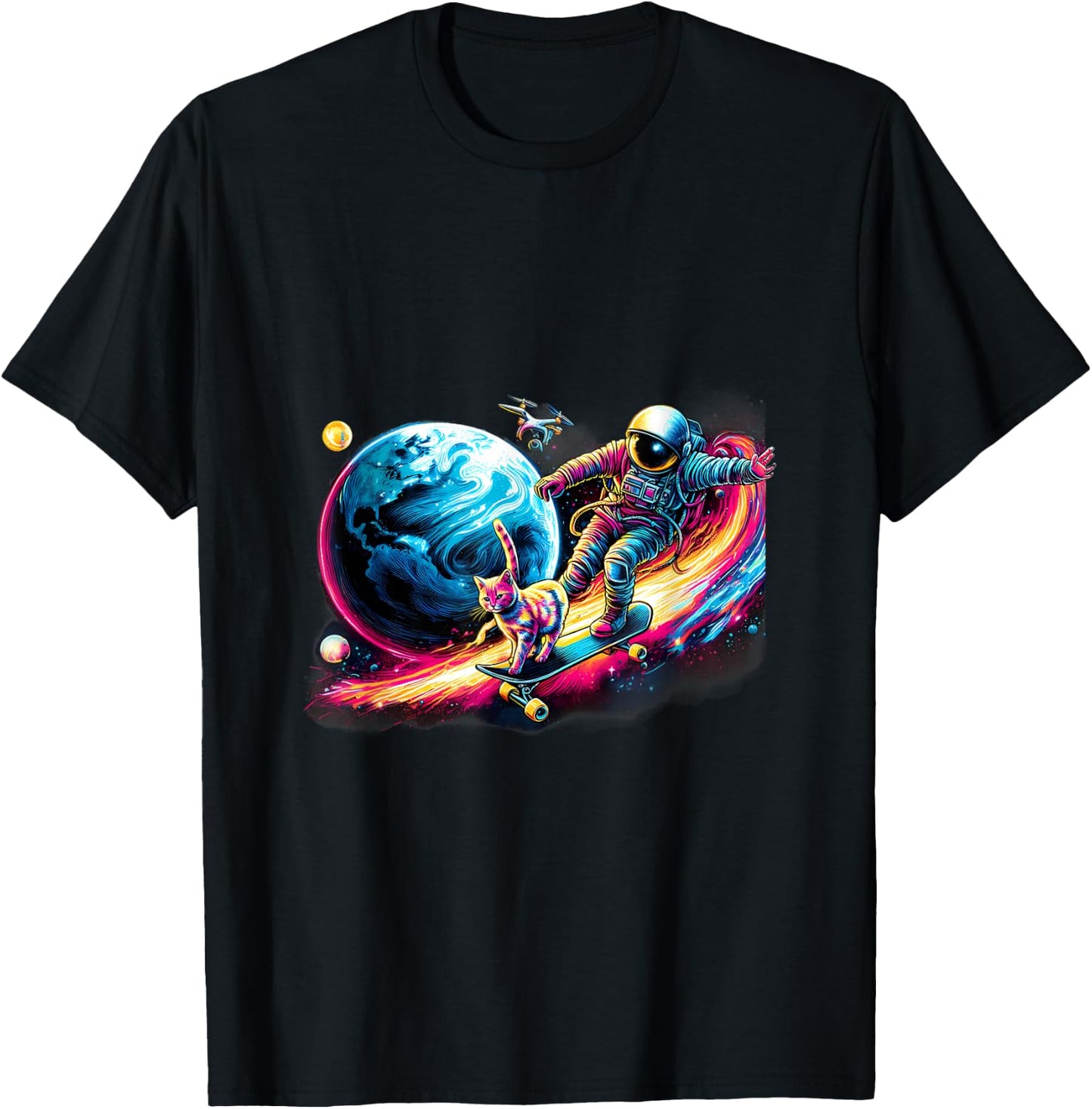 Cat And Astronaut Skateboarding The Outer Space T-Shirt - T-Shirt | Black