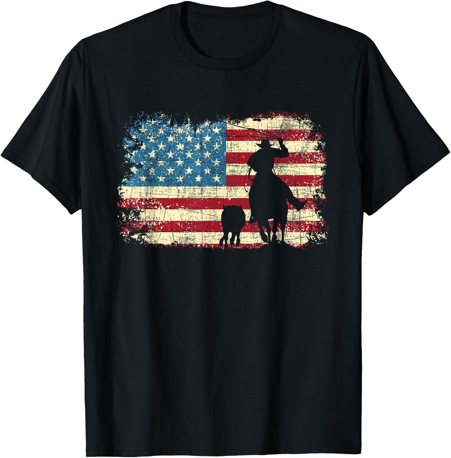 Team Roping - USA Flag Cowboy Cowgirl Rancher Heading Heeler T-Shirt - T-Shirt | Black