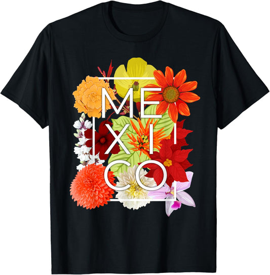 Flowers of Mexico Word Art - Mexican Pride T-Shirt - T-Shirt | Black